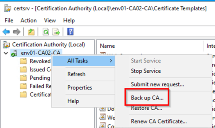 Screenshot of the Certification Authority MMC with the CA selected in the left pane.